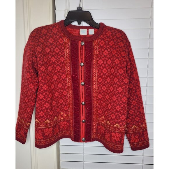 Womens Nordic Wool Cardigan Sweater PM Velvet Trim Scandinavian Norwegian Ski - Picture 1 of 5